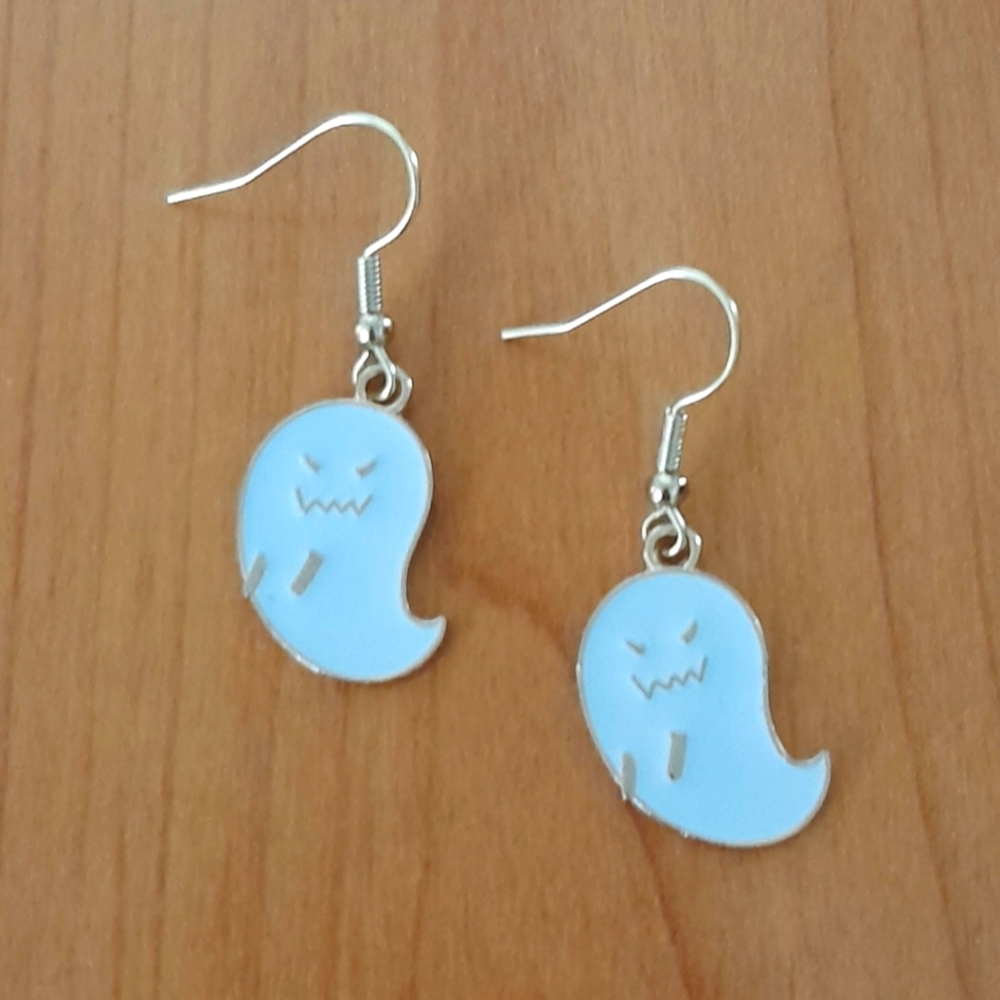 Gold Plated White Enamel Ghost Charms Earrings